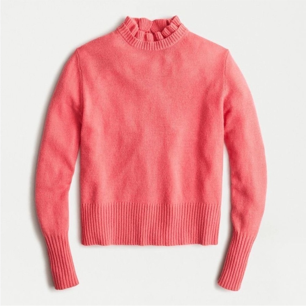 J. Crew Lambs Wool Blend Ruffle Neck Sweater in Brilliant Coral XS